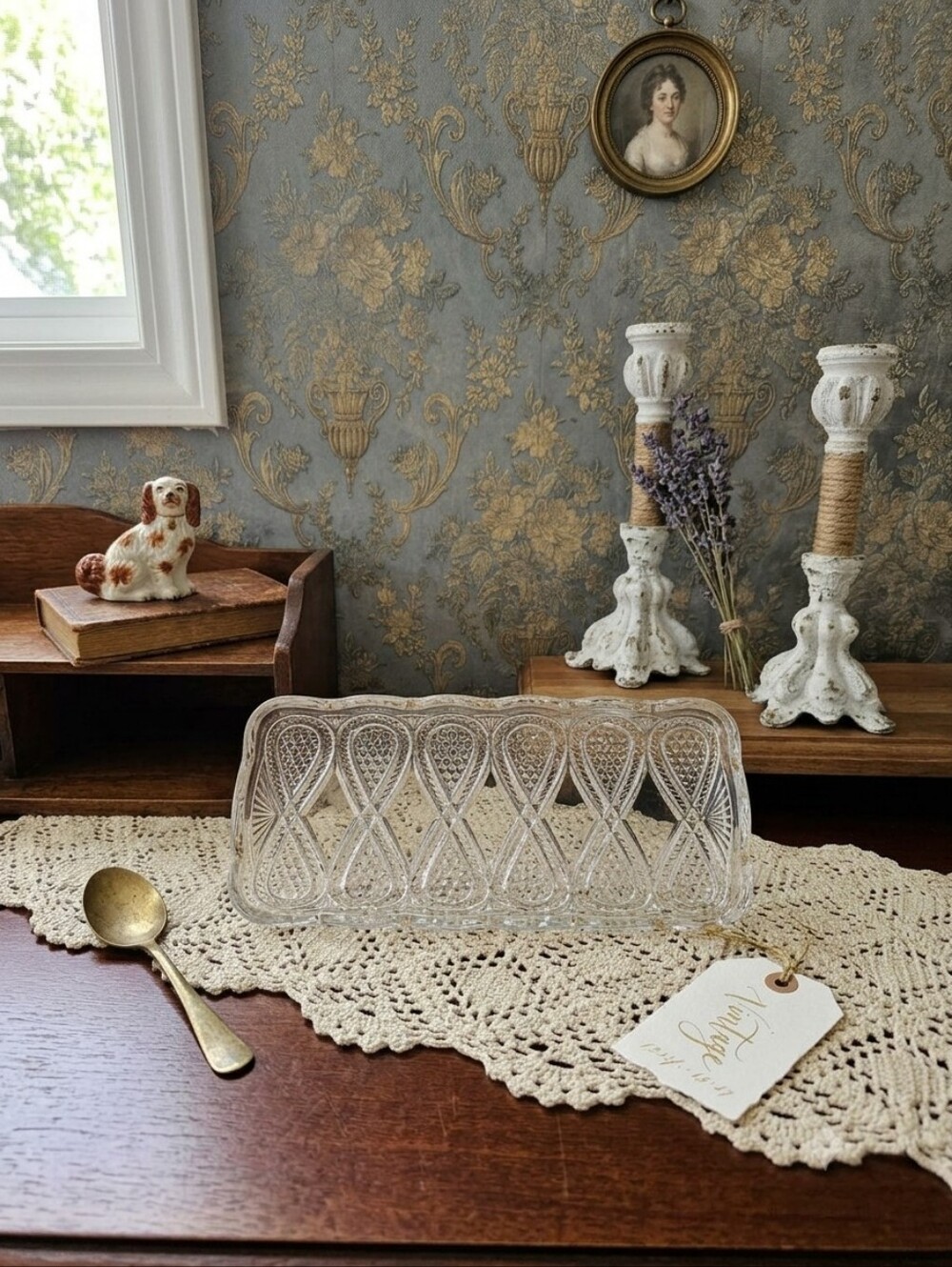 Vintage Clear Pressed Glass Vanity Tray Gold Trim